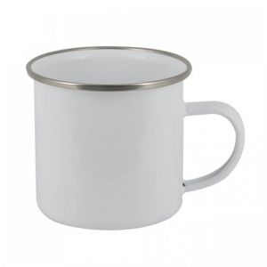 Малка бяла метална чашка със сребрист кант